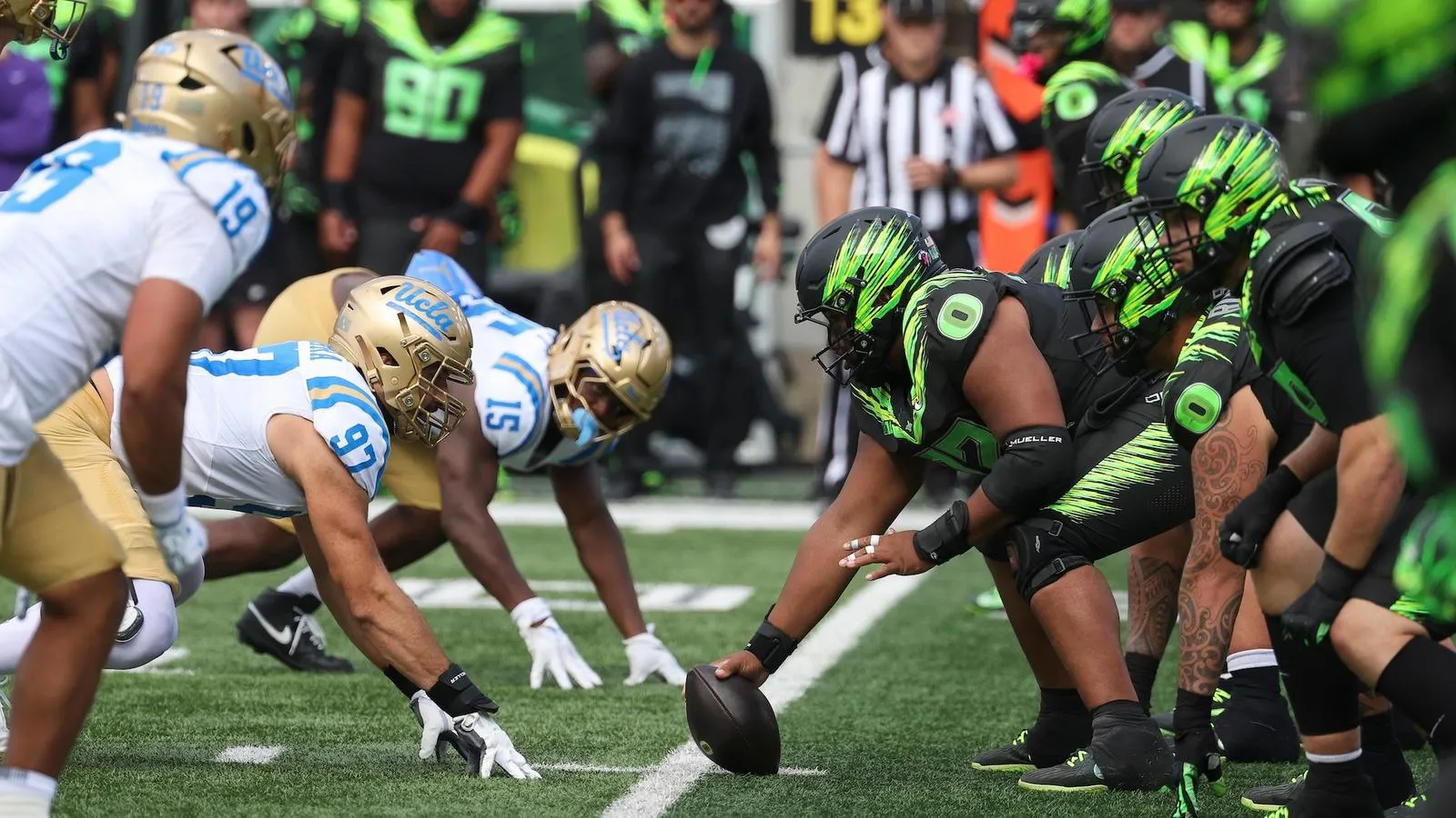 Oregon and UCLA line up at Autzen Stadium on October 10
